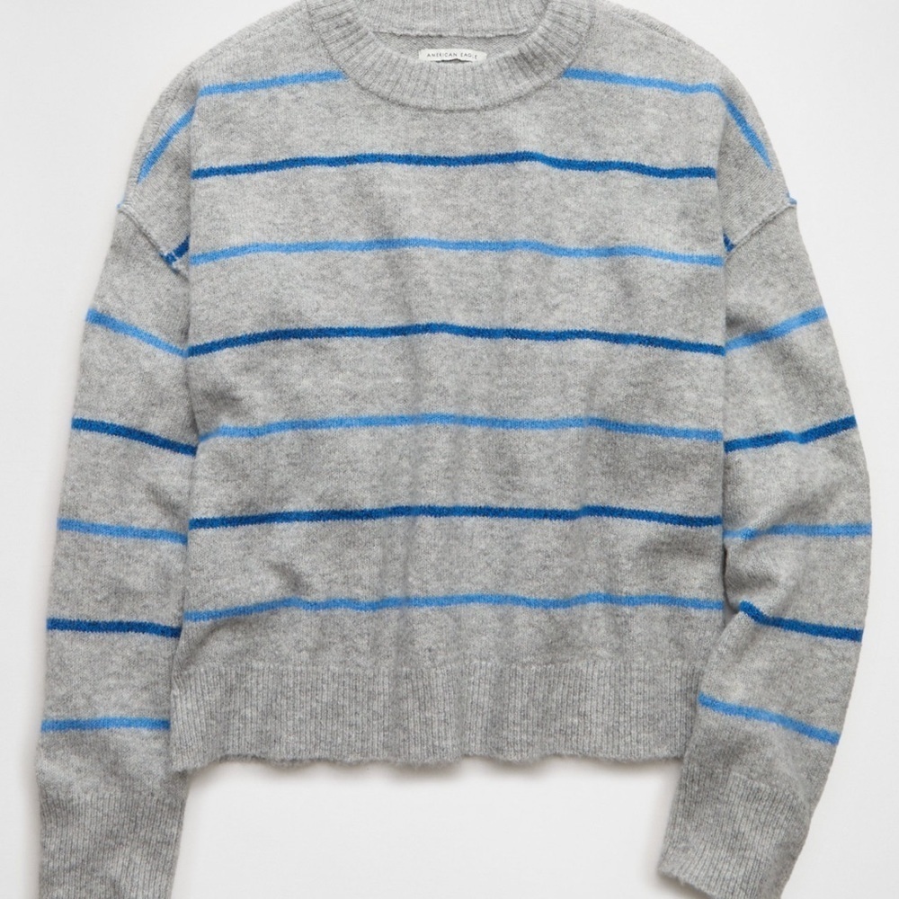 NWT American Eagle Whoa So Soft Striped Crew Neck Sweater Gray Relaxed Large